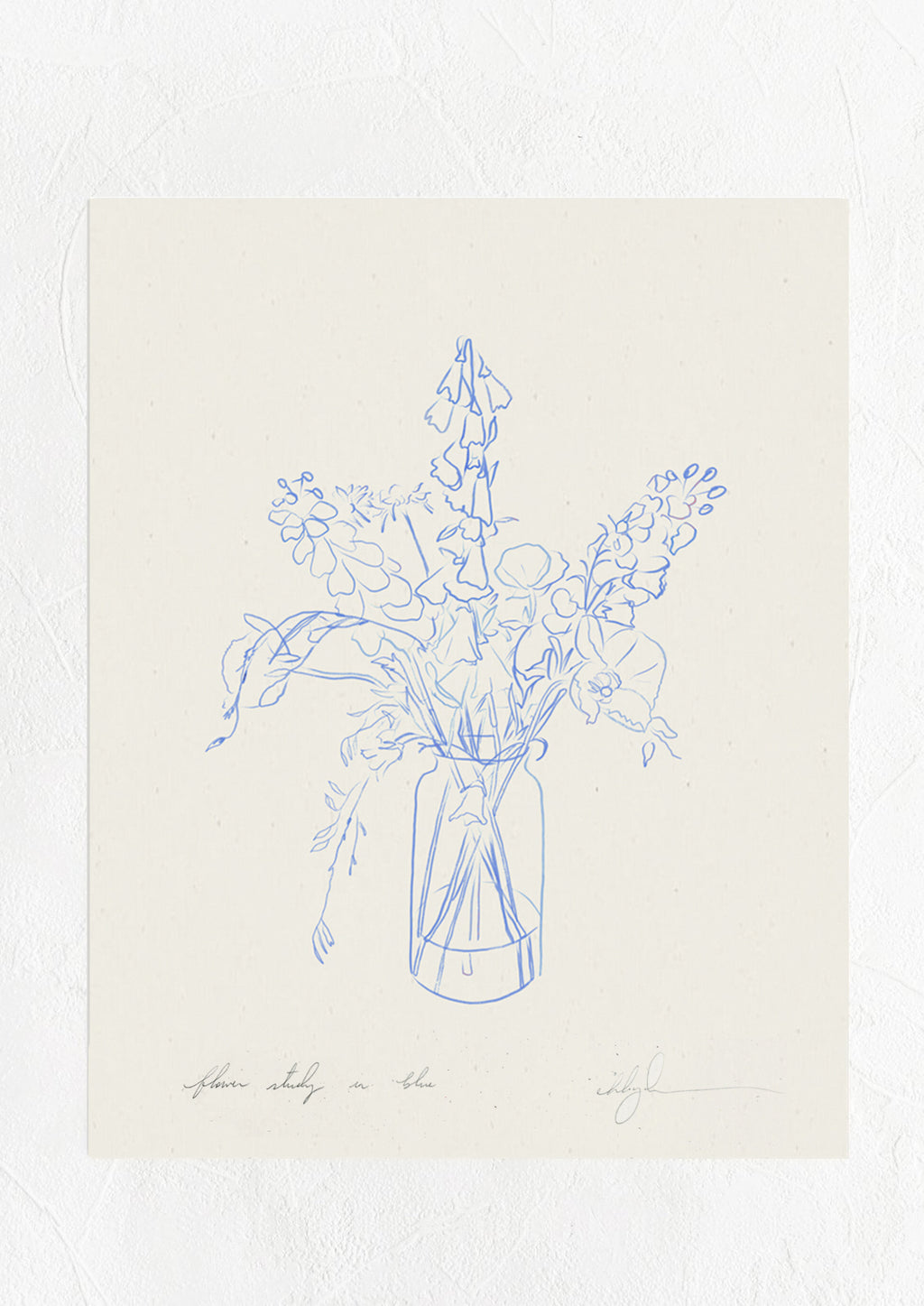 1: An art print featuring sketched blue line drawing of flowers in a vase.