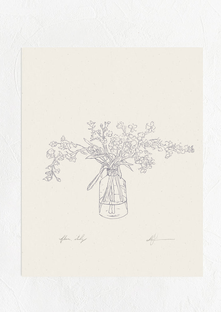 1: Digital art print of line drawing of flowers in a vase.