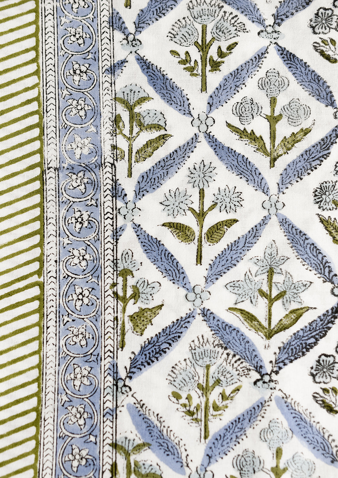 A block printed floral tablecloth in blue and green.