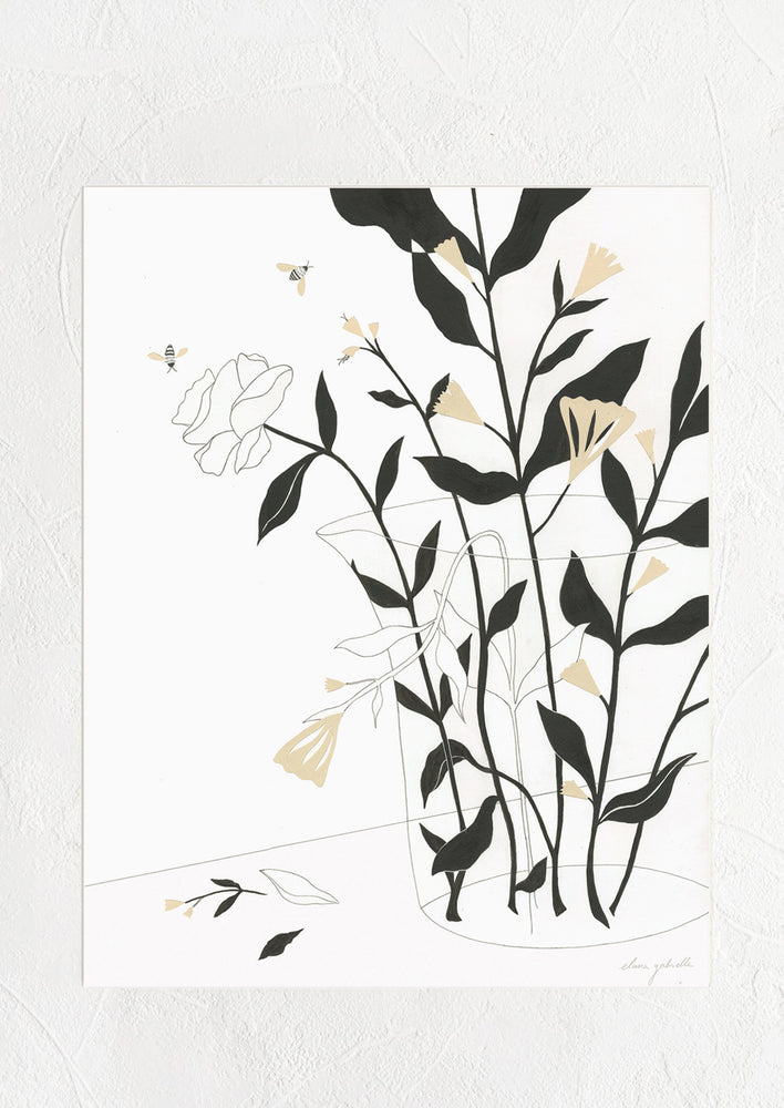 1: A digital art print depicting black and beige silhouetted flowers in a pitcher.