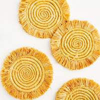 Marigold: Set of 4 Circular Raffia Coasters with Fringed Trim in Yellow 