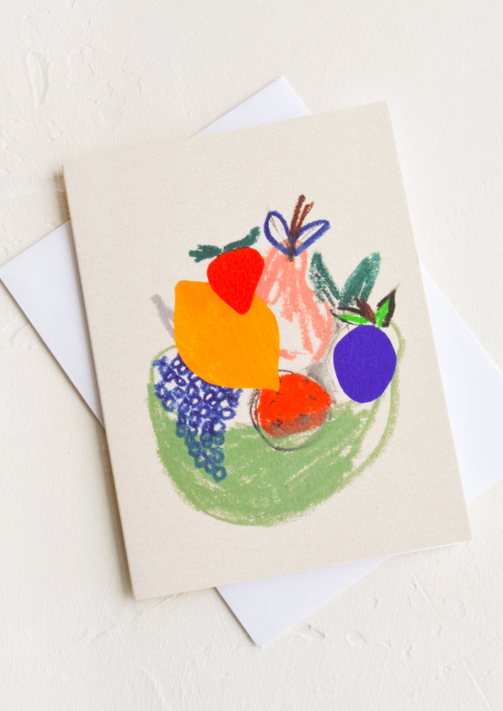 1: A small greeting card with sketch of a fruit bowl.