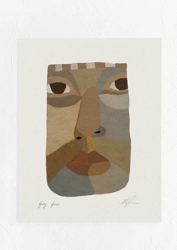 An art print with abstract, pieced together face.