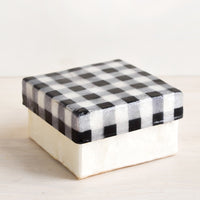 Black Gingham: A small square box made from capiz with black and white gingham patterned lid.