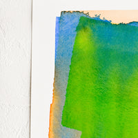 3: Art print of a watercolor abstract form in green, yellow, blue and orange.