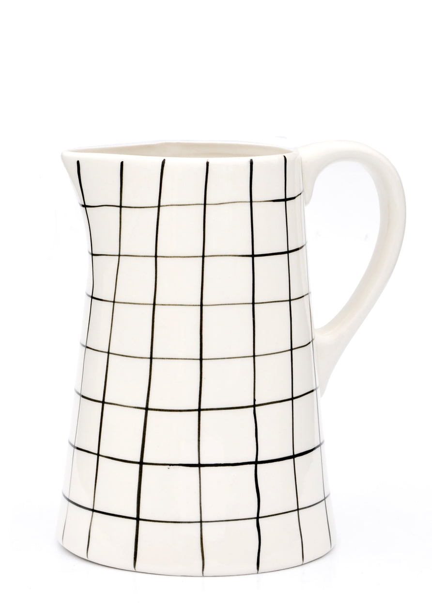 Grid Print Ceramic Pitcher in White & Black - LEIF