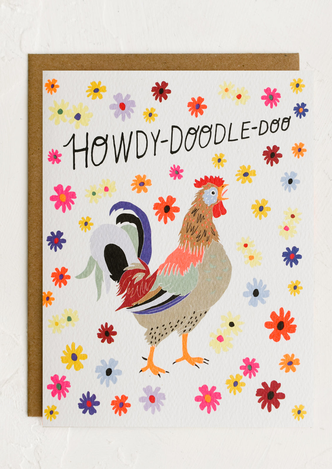 A card with rooster and floral illustration reading "Howdy-doodle-doo" at top.