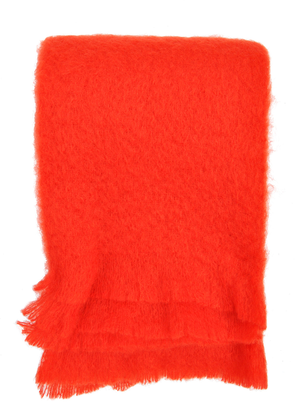 Poppy: Fluffy mohair blanket with soft fringe trim in vibrant shade of red-orange