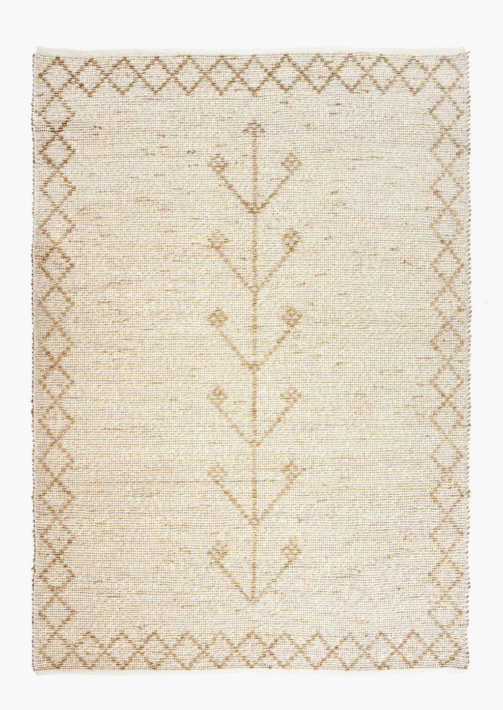 5' x 7' [$348.00]: A seagrass rug in neutral color with talisman pattern and diamond border.
