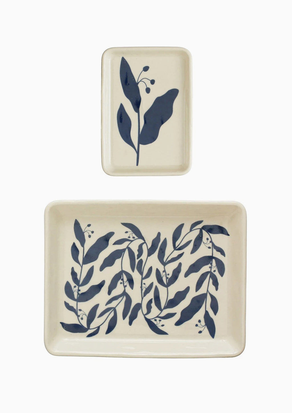 3: Blue botanical print trays in small and large.