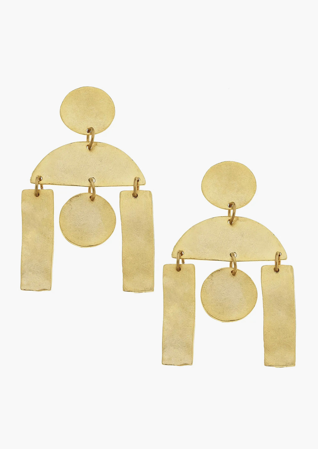 2: A pair of gold earrings with geometric chandelier design.