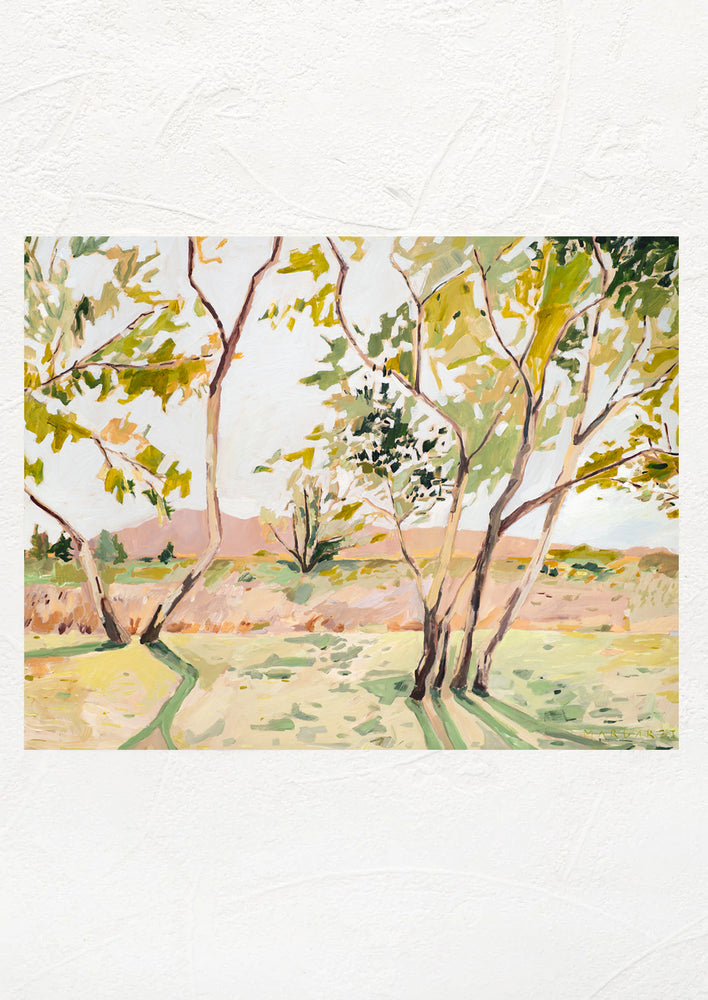 1: A print of a landscape painting with trees in shade.
