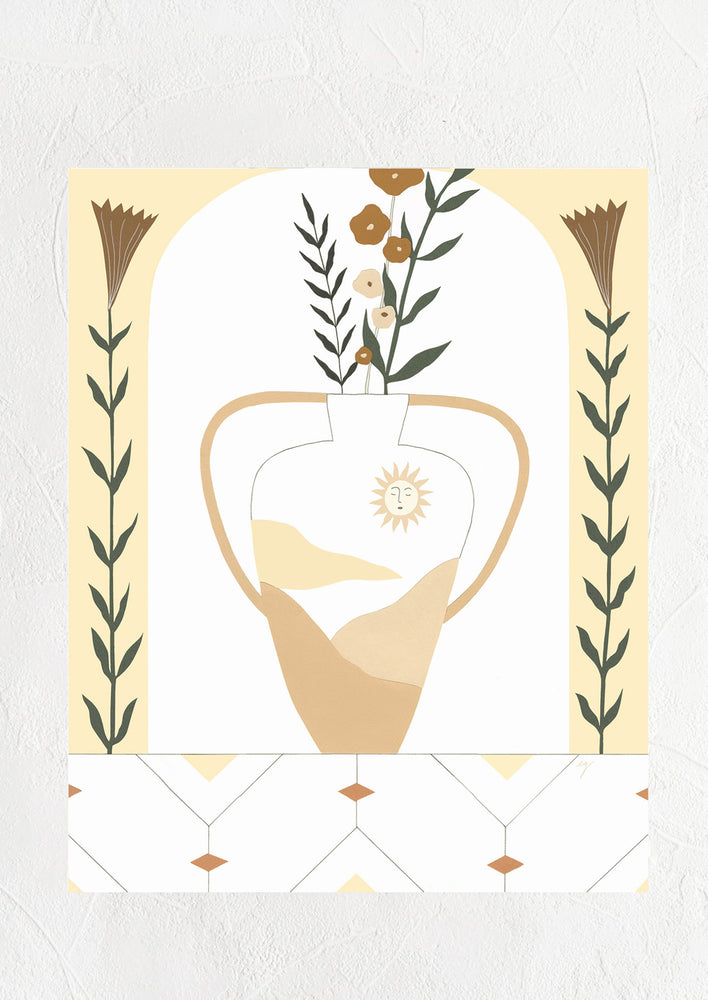1: A digital art print in shades of yellow and tan depicting a mountain and sun printed vase with flowers.