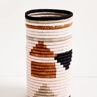 Pink Geo Multi: Tall vase made of woven natural grass in colorful geometric pattern