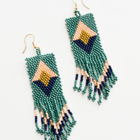 Teal / Pink / Citron: Teal beaded fringe earrings with pink and navy diamond design.