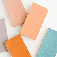 1: Five cloth-covered notebooks in naturally dyed hues.