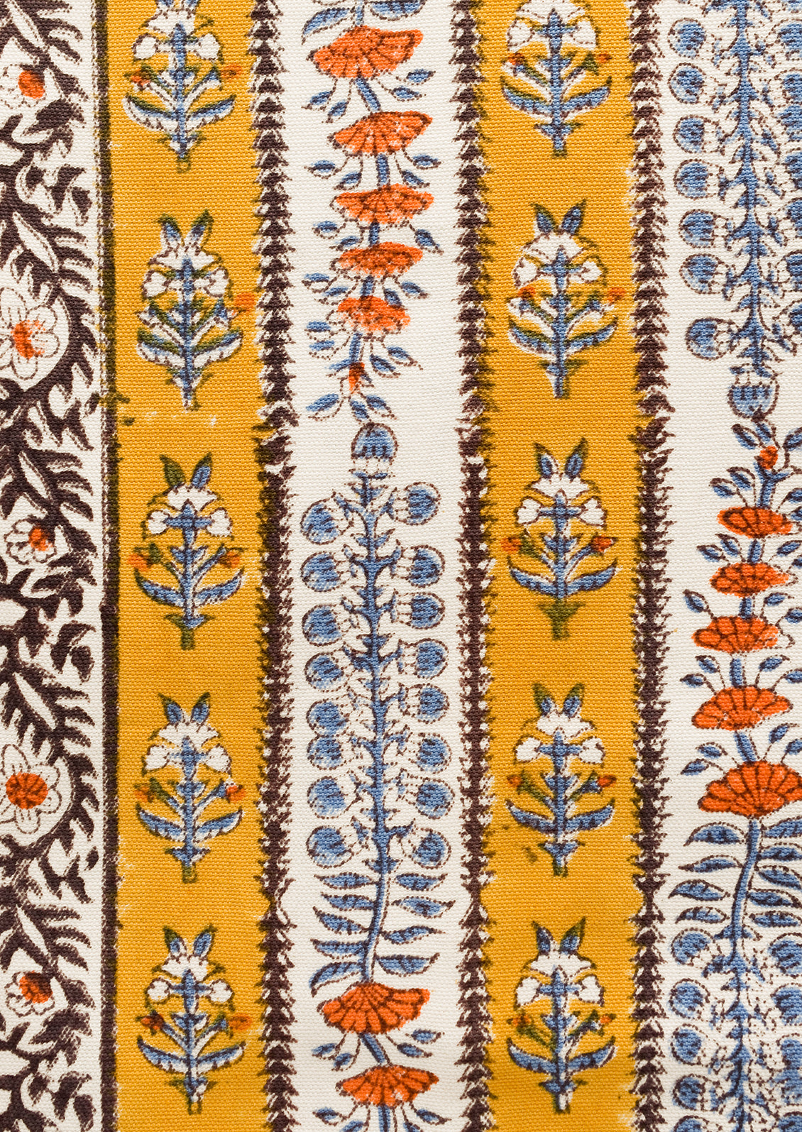 A stripe floral print in marigold, purple and blue.