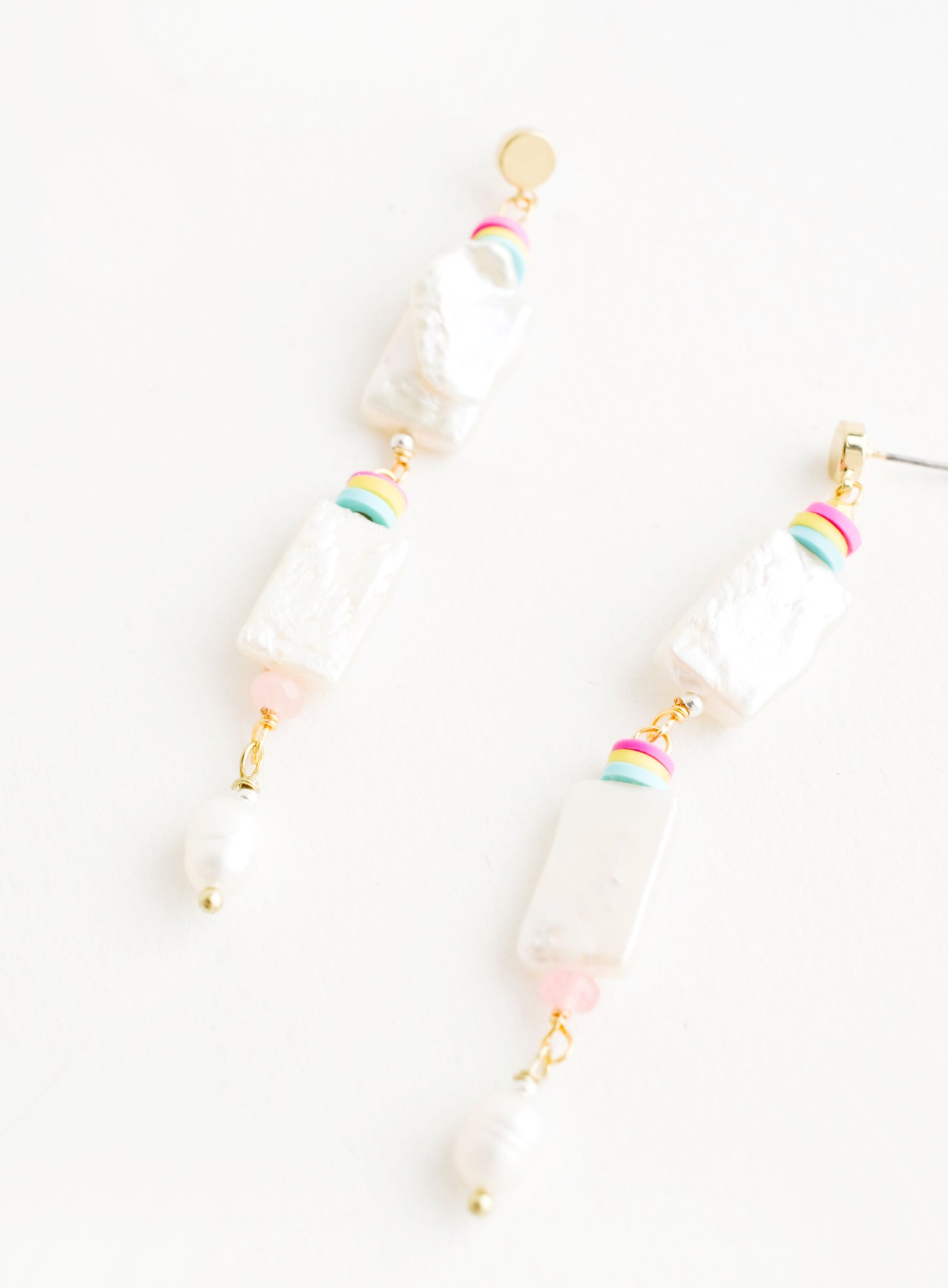 Dangling post-back earrings with rectangular freshwater pearls layered with colored heishi beads