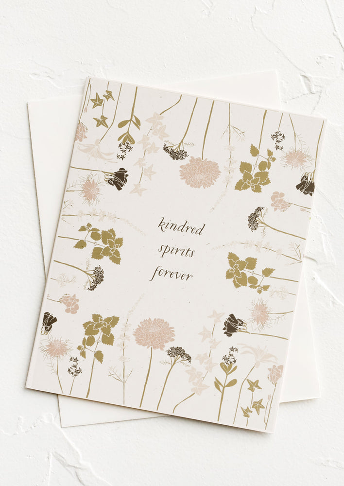 1: A floral printed card reading Kindred Spirits Forever.