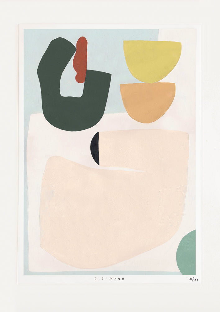 1: An abstract print of shapes in green, yellow, orange, beige, blue, and red.
