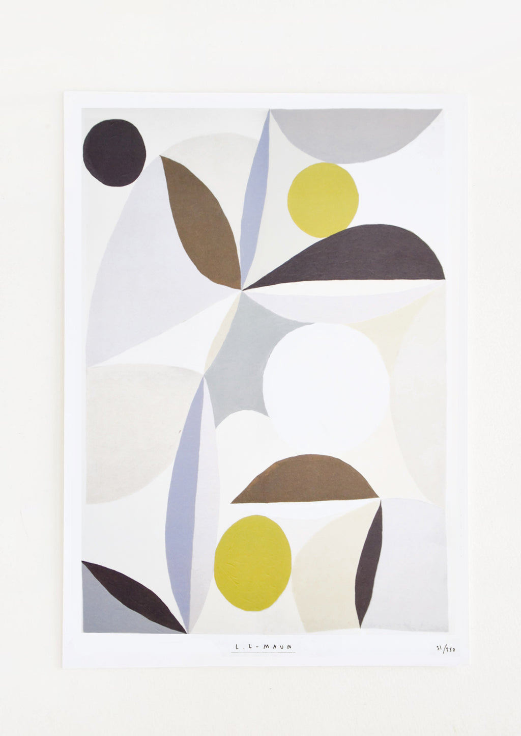 1: An abstract art print in muted shades of periwinkle, green and grey.