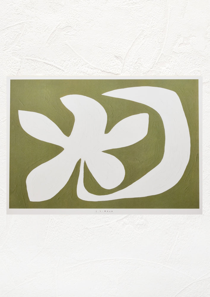 1: An art print with green background and abstract flower and moon shapes.
