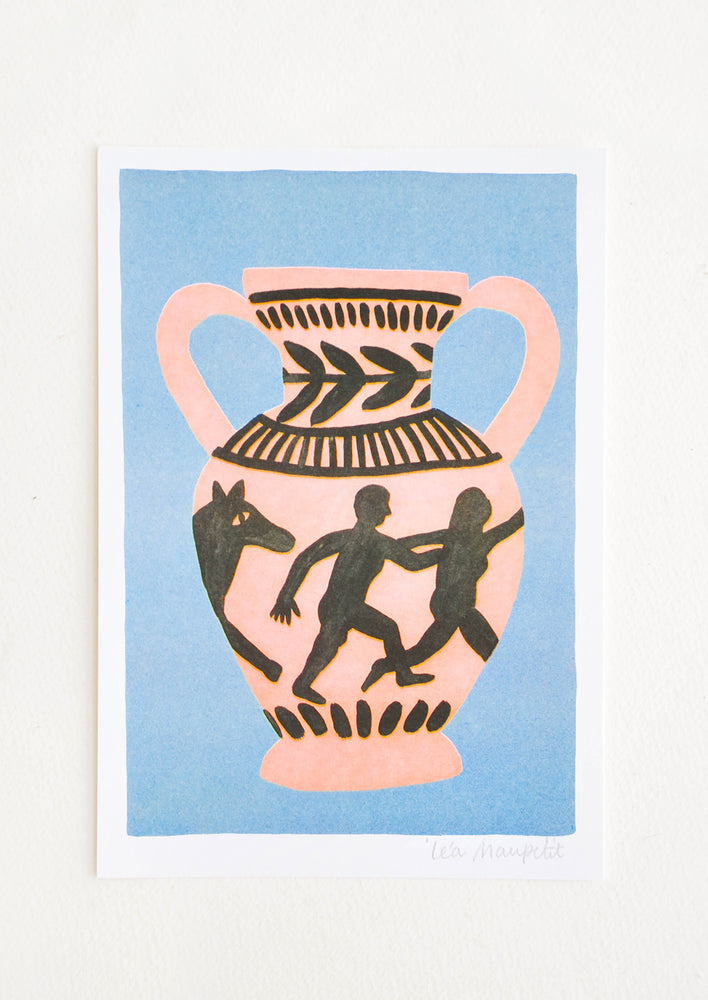 1: Risograph art print with blue background and peach and black printed image of a vase.