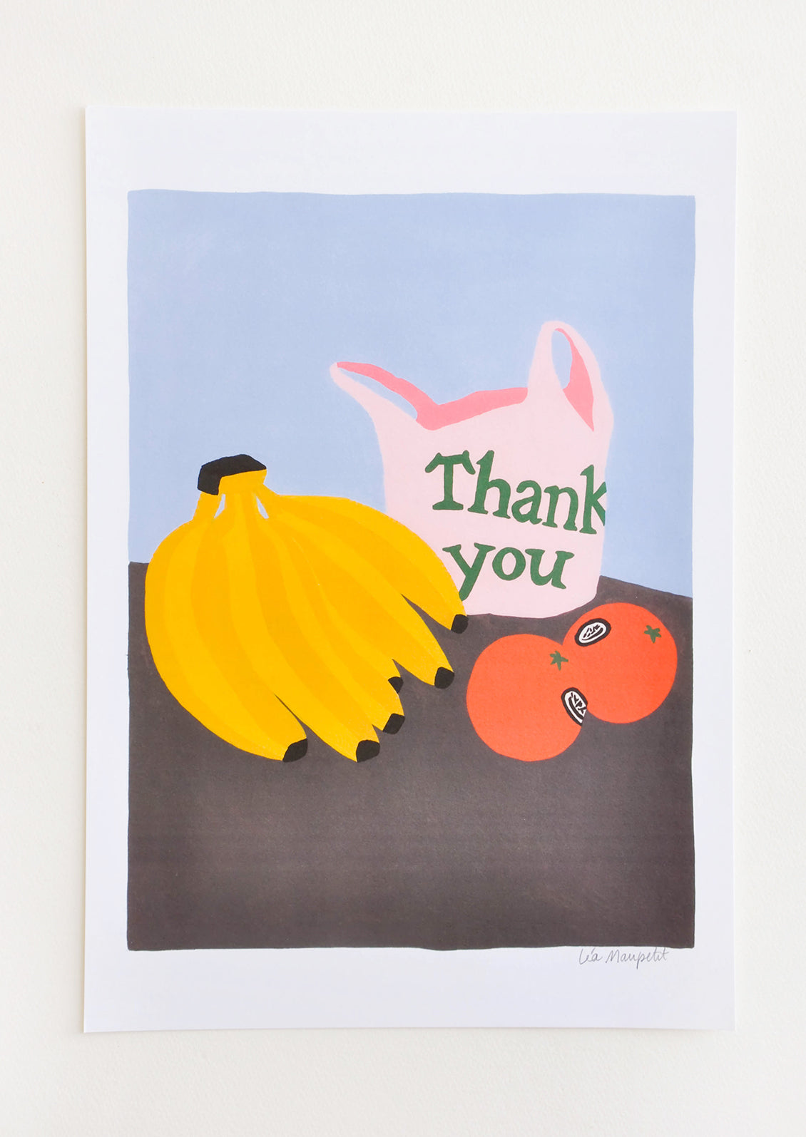 Still life of a bunch of bananas, two tomatoes, and a pink "thank you" plastic bag on a brown table against a periwinkle background.