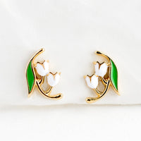 1: Small gold stud earrings in the shape of a lily of the valley flower, constructed in green and white enamel finish.