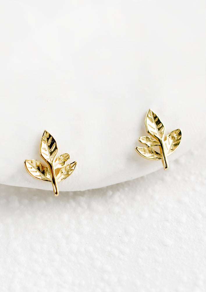 A small pair of gold stud earrings in the shape of a leaf.