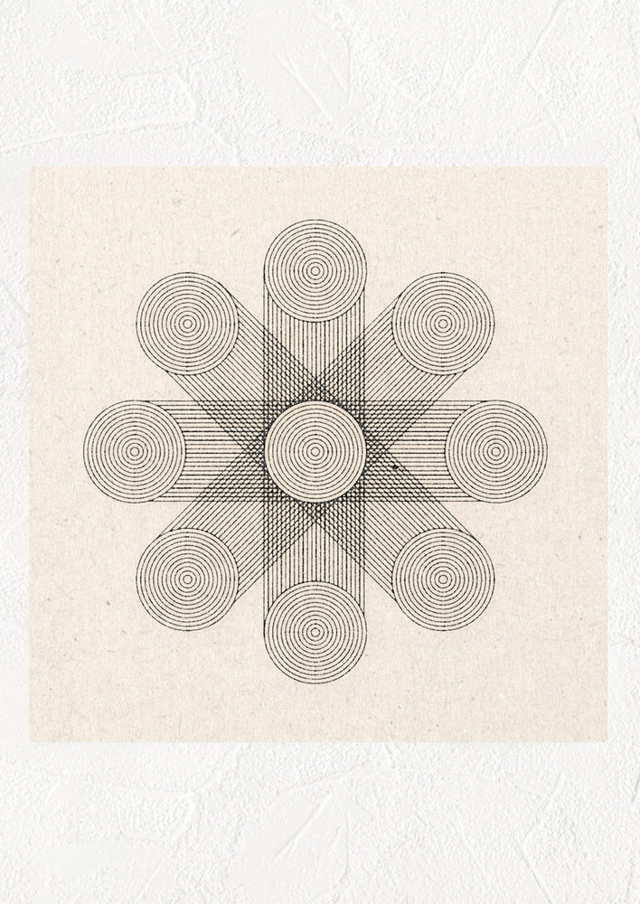 1: A digital art print featuring thin black lined geometric design on speckled paper.