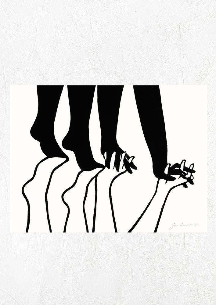 1: A monochrome lino cut print featuring silhouetted hands and feet on top of another pair of hands and feet.