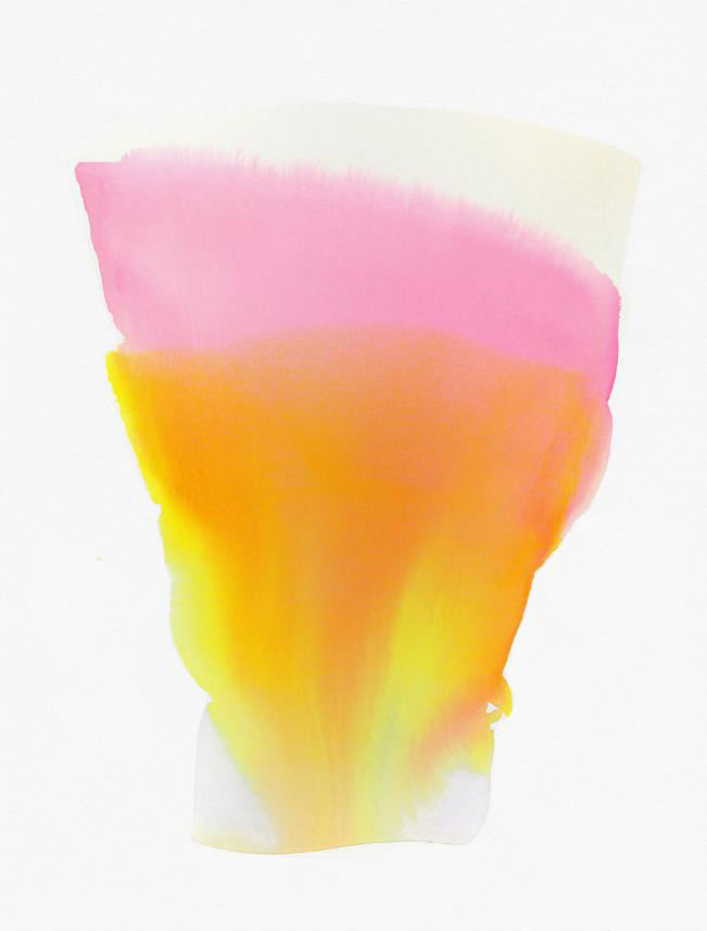 A trapezoid shaped spray of saturated yellow, orange, and pink watercolor fan out to create a sunset like scene against a white background.