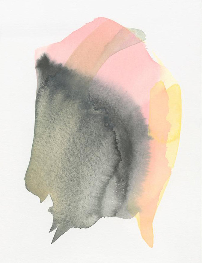 An abstract form in black, pink, and yellow watercolor floats on a white background.