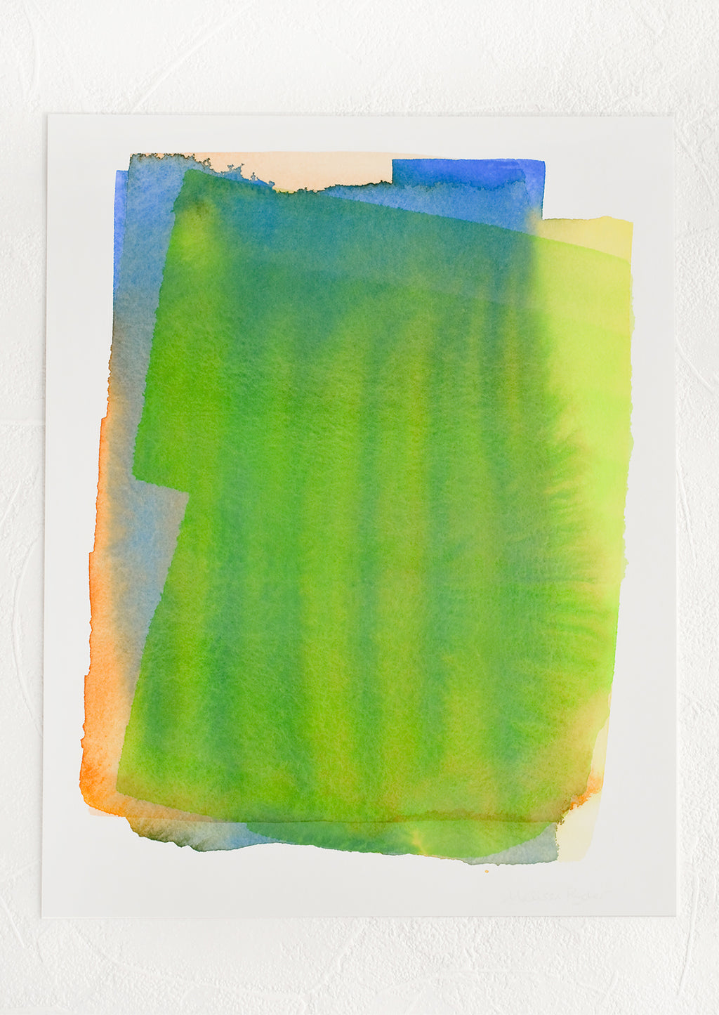 1: Art print of a watercolor abstract form in green, yellow, blue and orange.
