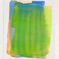 1: Art print of a watercolor abstract form in green, yellow, blue and orange.