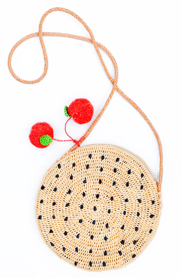 Fruit Pom Straw Crossbody Bag in - LEIF