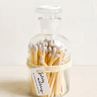 Lavender: Safety matches with lavender tips in a vintage-style glass apothecary jar with white wax seal on lid.