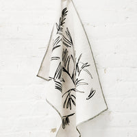 2: Screen Printed Palm Leaf Linen Tea Towel Hanging On Hook - LEIF