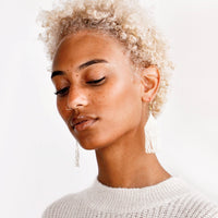 3: Model wears silver fringe beaded earrings and sweater.