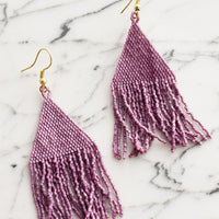 Amethyst: Metallic lavender triangular fringe beaded earrings.