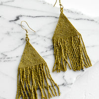 Olive: Metallic citron triangular fringe beaded earrings.