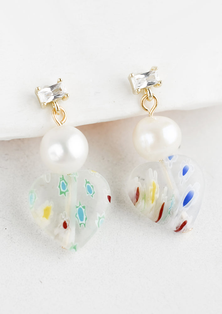 A pair of millefiore glass earrings with crystal and pearl accents.
