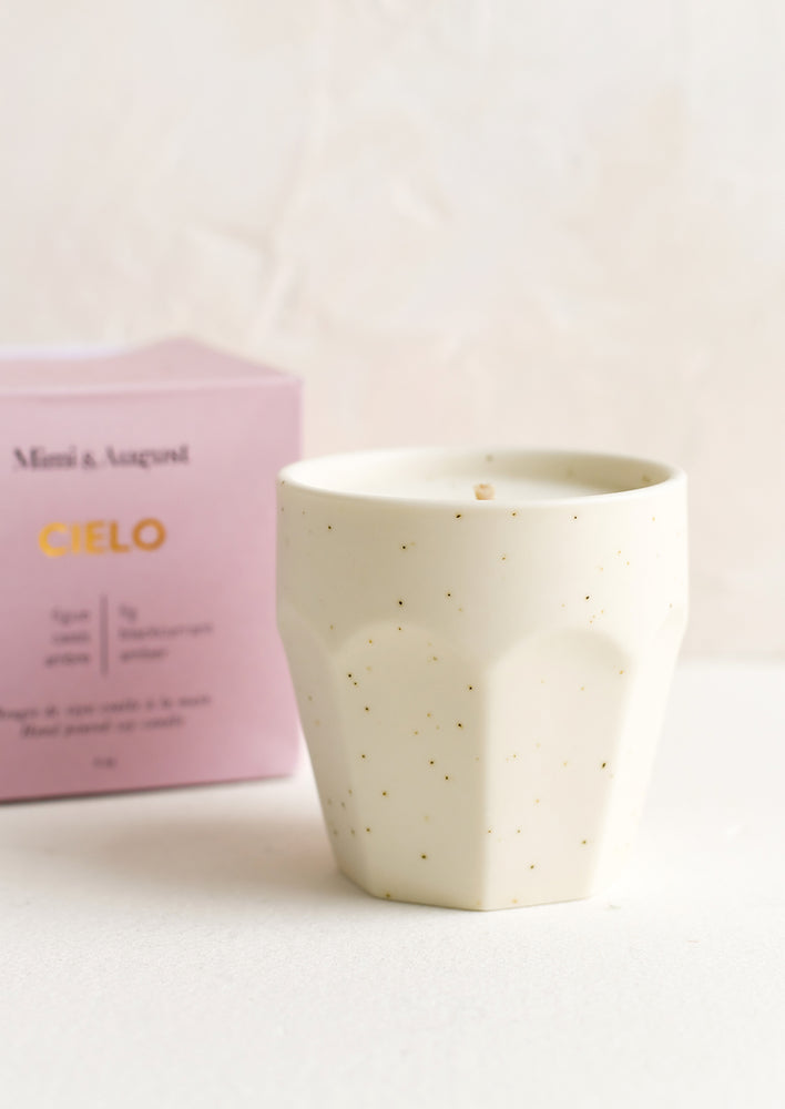 Cielo: A candle in reusable ceramic cup with box packaging.