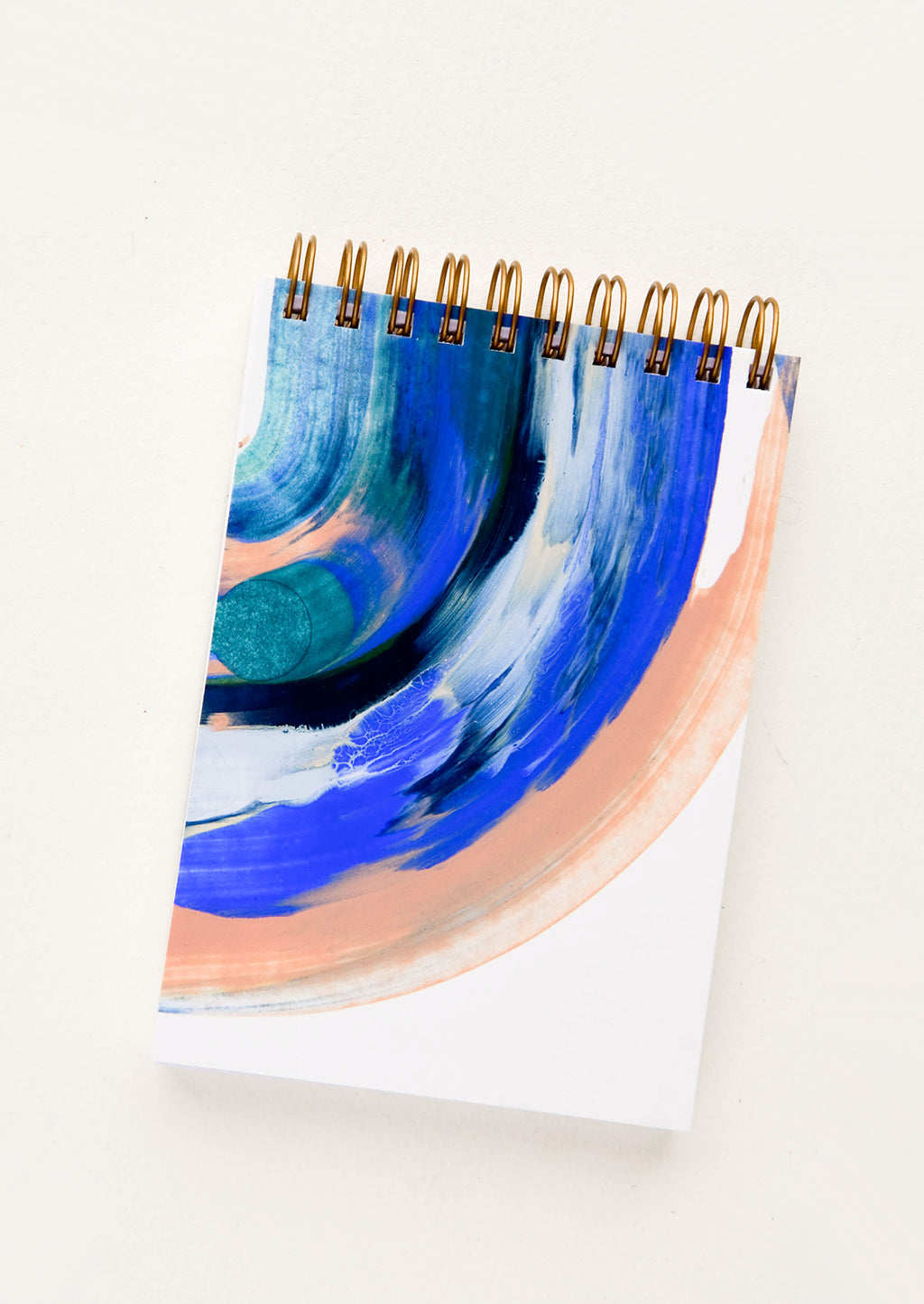Notepad (Unruled): Pocket-size spiral bound notebook with handpainted cover in blue and peach paint swirl