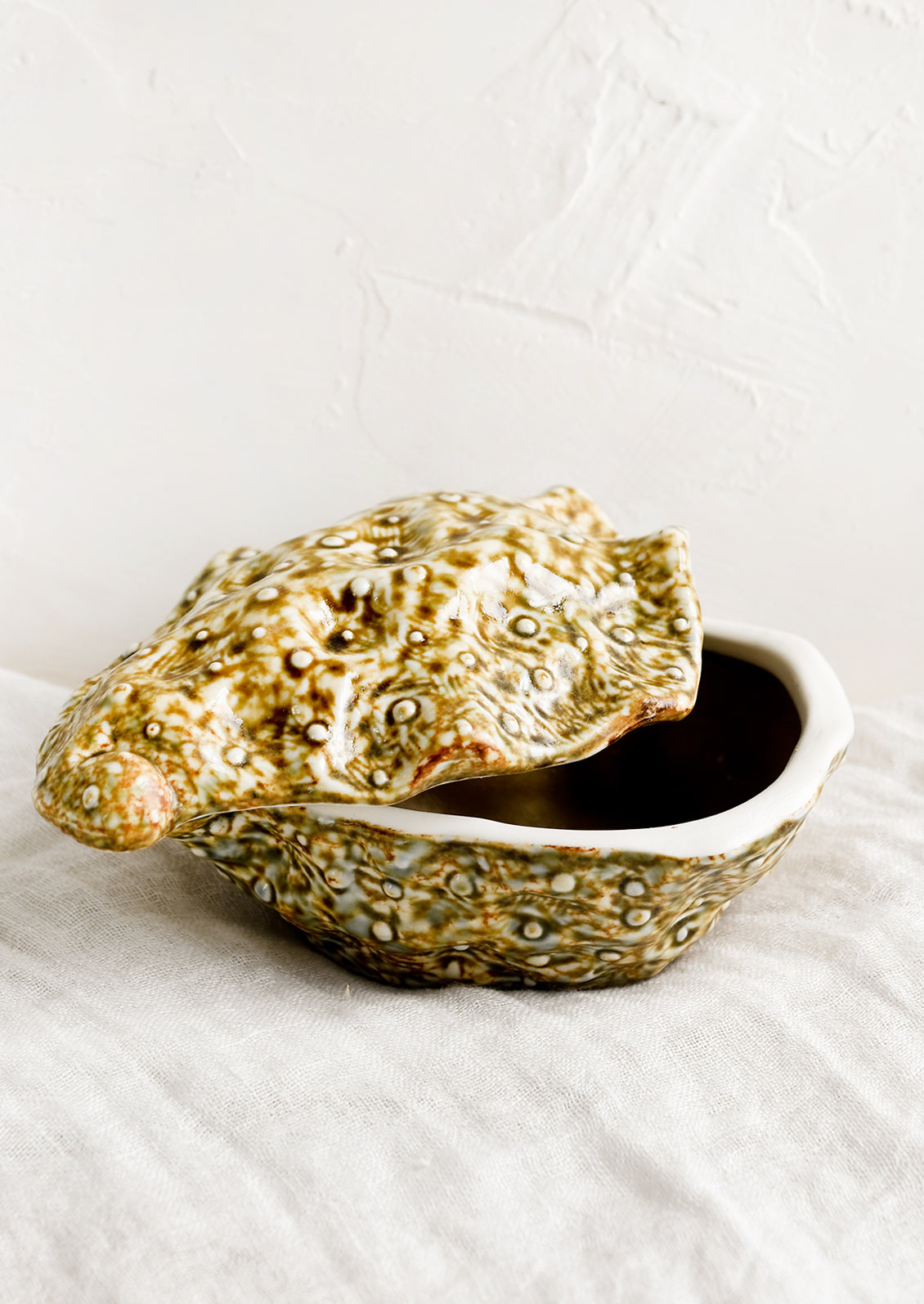 A ceramic box with lid in the shape of a mollusk shell.