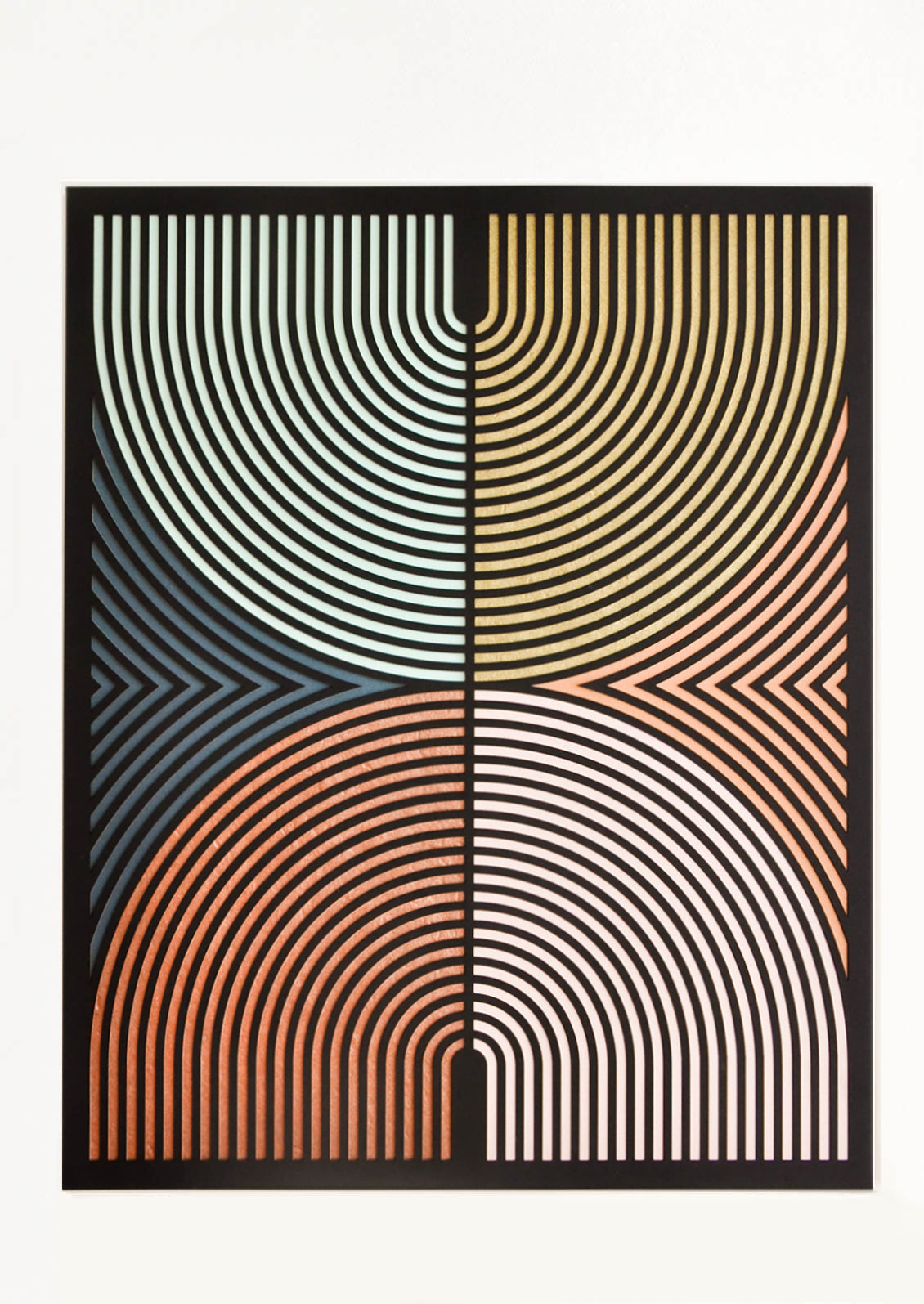 Laser cut artwork with black background. Geometric design with two reflected arcs.