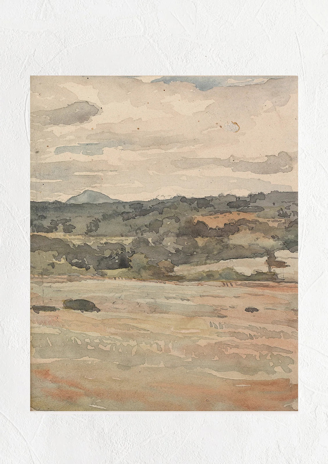 An antique inspired art print of a muted earth tone landscape.