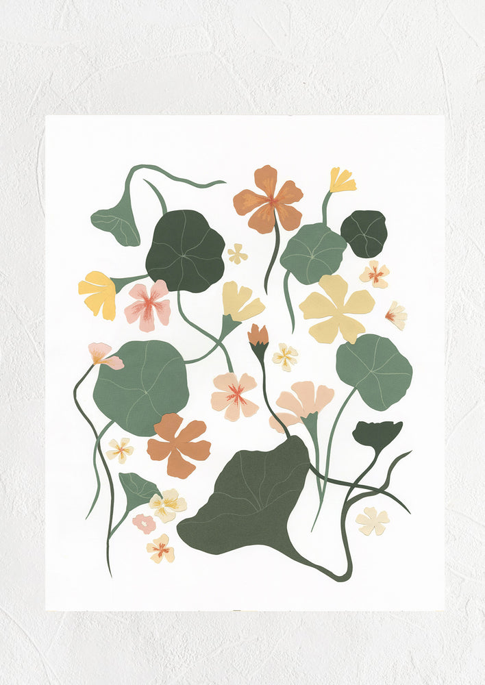 1: A digital art print of original paper cut collage depicting nasturtium flowers and leaves.