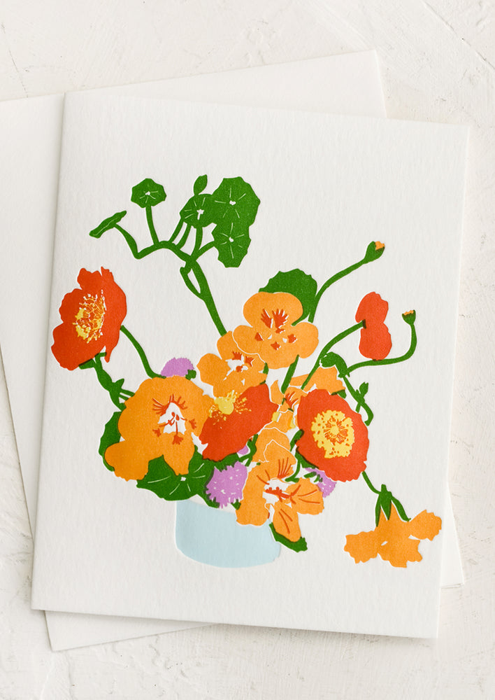 A greeting card with letterpress image of colorful nasturtiums.